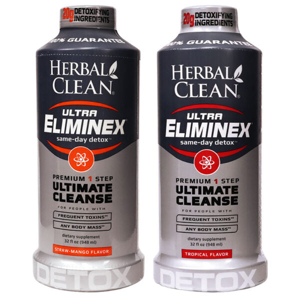Two Herbal Clean Ultra Eliminex same-day detox bottles side by side on a white background, one labeled Straw-Mango Flavor and the other Tropical Flavor.