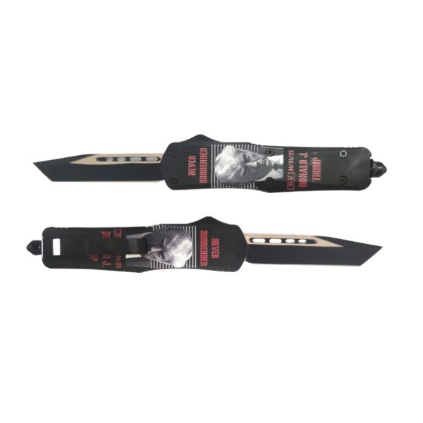 Two black folding knives with custom graphics featuring a skull, red text, and the name 'Never' on a plain white background.