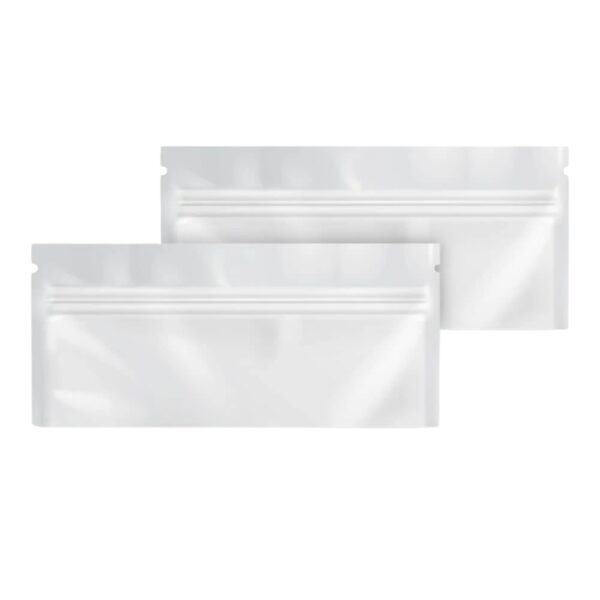 Two blank white zipper pouches with resealable closures, shown overlapping on a plain white background.