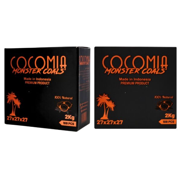 Two boxes of Cocomia Monster Coals on a white background