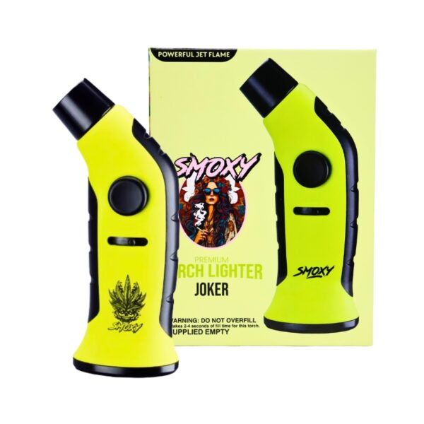Two bright neon yellow jet flame lighters with black accents are shown in front of their packaging box. The box features the brand name 'SMOKY' and the text 'JOKER'.