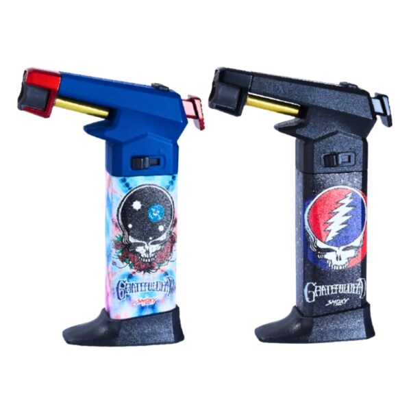 Two butane lighters with Grateful Dead designs on a white background