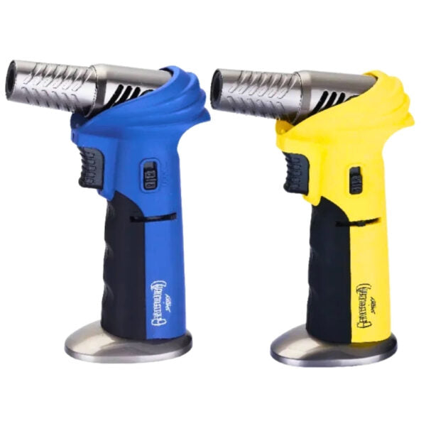 Two butane torches, one blue and one yellow, on a white background.