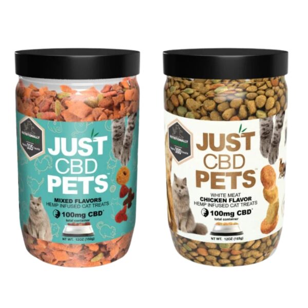 Two clear plastic jars of Just CBD Pets hemp-infused cat treats with black lids, shown side by side on a white background. The left jar contains mixed flavor treats and has a turquoise label.