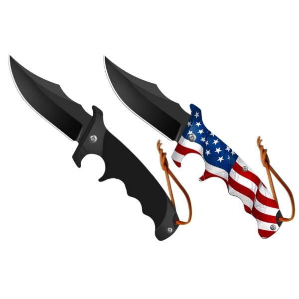 Two fixed-blade knives on a plain white background. One knife has a matte black blade and black handle with a small silver screw detail.