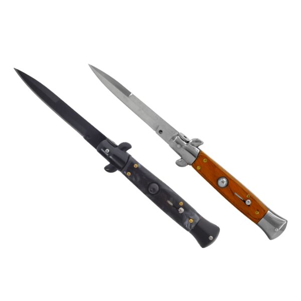 Two folding knives shown side by side on a plain white background. The left knife has a black handle and black blade.