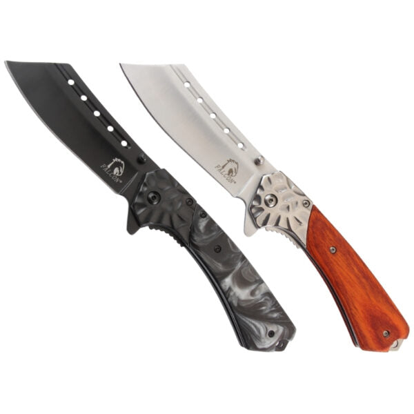 Two folding knives with curved blades, one featuring a black handle and the other a reddish-brown wood handle, displayed against a plain white background.