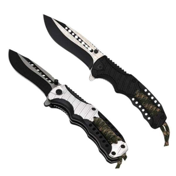 Two folding pocket knives with black and silver blades and handles, one shown open and the other closed, on a plain white background.