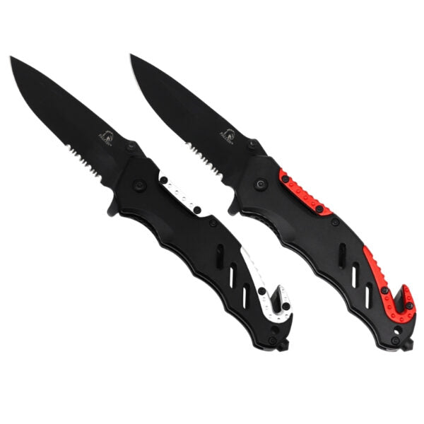 Two folding pocket knives with black blades and handles, one in all black and the other with a red textured accent on the handle, displayed on a solid white background.