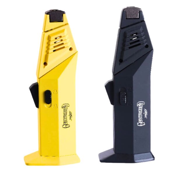 Two handheld tools, one yellow and one black, on a white background.
