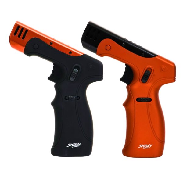 Two handheld torch lighter, one black and one orange, with 'Smoky' branding on a white background.