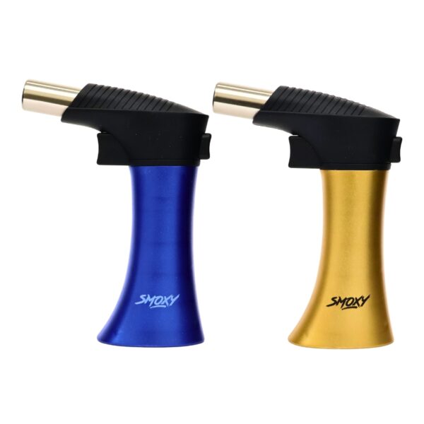 Two handheld torches, one blue and one gold, with 'Smoxy' branding on a white background.