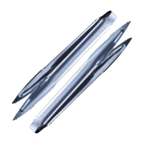 Two metallic silver tongs with serrated edges, shown on a plain white background.