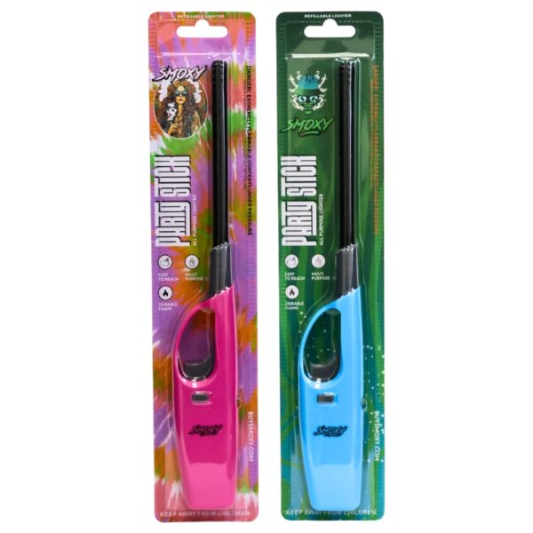 Two packaged portable lighters on a white background, one in pink with a multicolor tie-dye card and one in light blue with a green card. Both are branded Smoky and labeled 'Portable Lighter'.