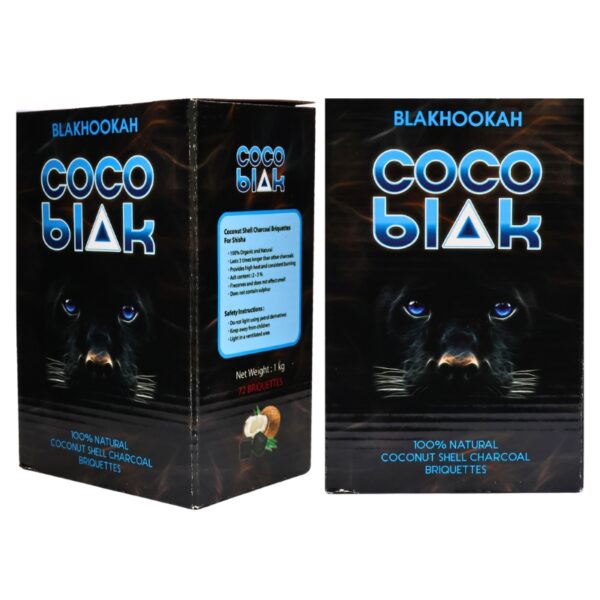 Two packaging boxes of Blakhookah Coco Blak coconut shell charcoal briquettes on a white background.