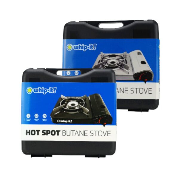 Two portable butane stoves from the brand 'whip-it!' shown on a plain white background. The stoves have black bodies with bright blue front labels featuring product images and the brand name.