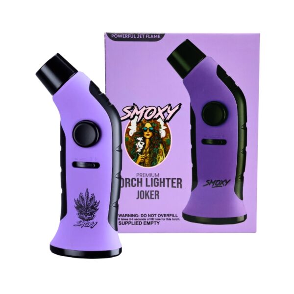 Two purple and black Smoxy premium torch lighters shown in front of their matching purple packaging box on a plain white background.