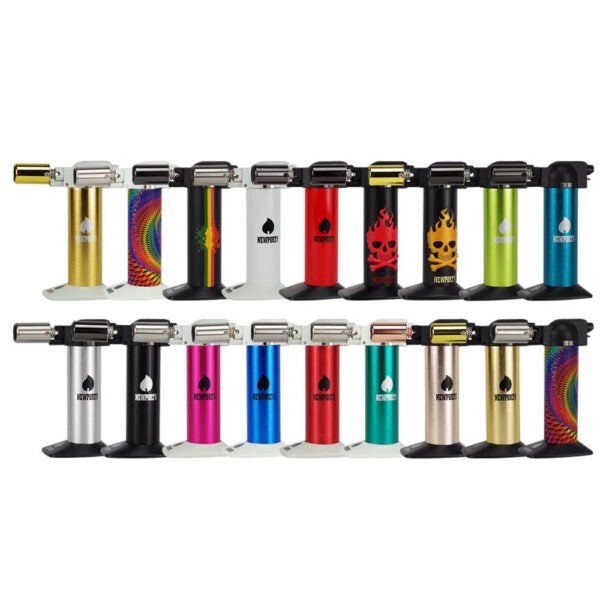 Two rows of newport portable torch lighters in various colors and designs, including rainbow patterns, skulls, and flames, displayed on a plain white background.