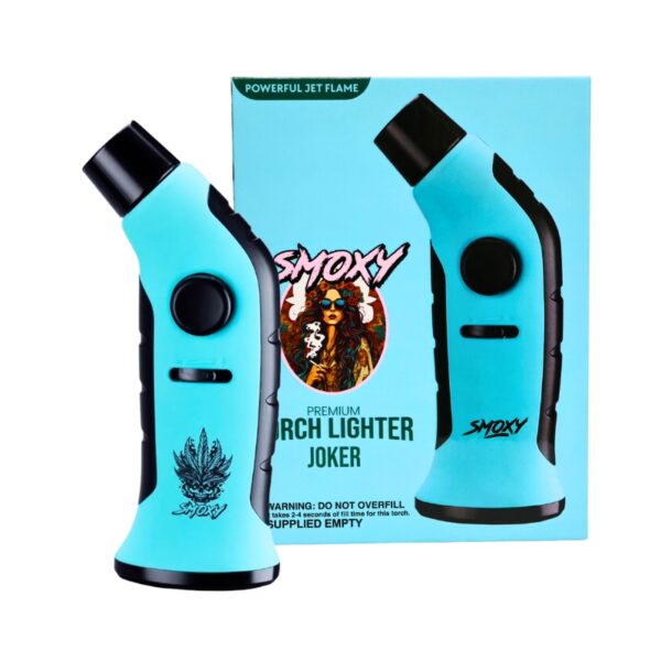 Two turquoise and black Smoxy Arch Lighter Jokers displayed in front of their light blue retail packaging box on a white background.