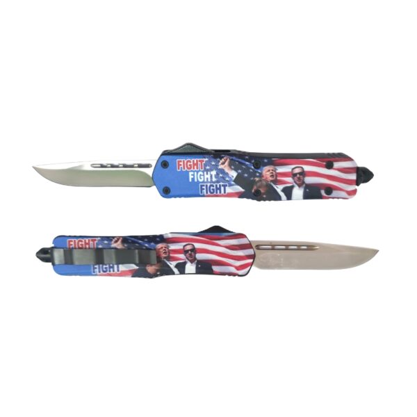 Two views of a folding pocket knife with a patriotic American flag handle design featuring red, white, and blue stripes, portraits of Donald Trump, and the text 'FIGHT FIGHT FIGHT'.