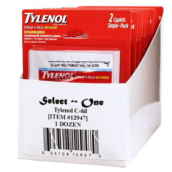Tylenol Cold and Flu Severe single-pack caplets in a white retail display box labeled 'Select One Tylenol Cold 1 DOZEN'.