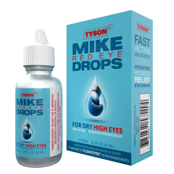 Tyson Mike Red Eye Drops bottle and packaging box on a plain white background. The product is a blue and white liquid eye drop bottle with a white dropper cap next to its matching retail box.