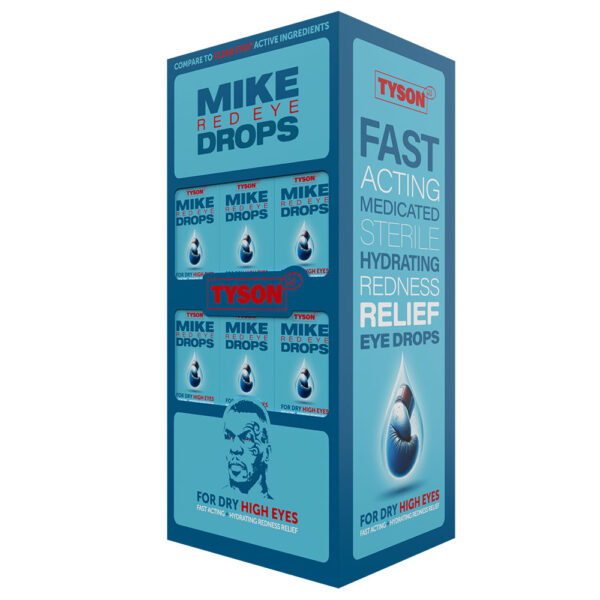 Tyson Mike Red Eye Drops retail box in blue packaging, featuring product text and a small illustration of a person's face on the lower front panel.