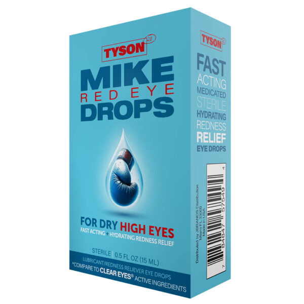 Tyson Mike Red Eye Drops retail box in light blue, showing the front and side panels with product text and a teardrop graphic on a white background.