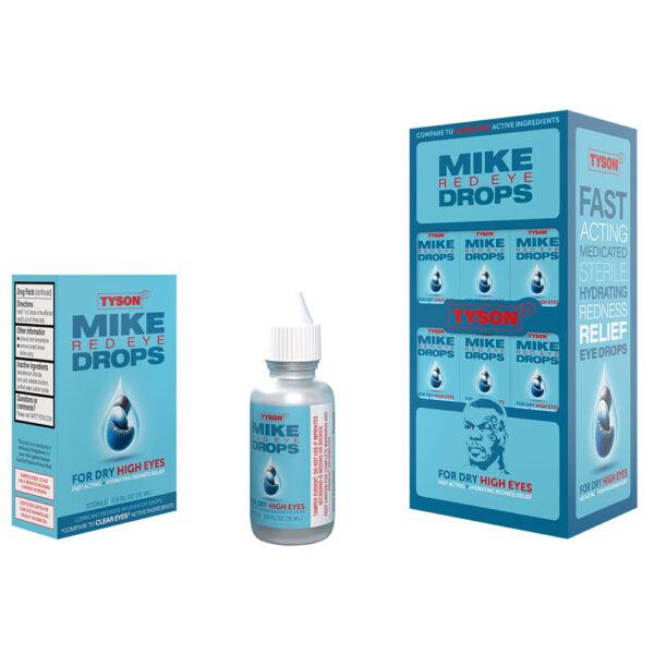 Tyson Mike Red Eye Drops shown with a blue retail box, a small dropper bottle, and a larger product box on a plain white background.