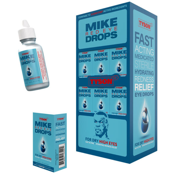 Tyson Mike Red Eye Drops shown with a large blue retail box, a single dropper bottle, and a smaller individual box on a plain white background.