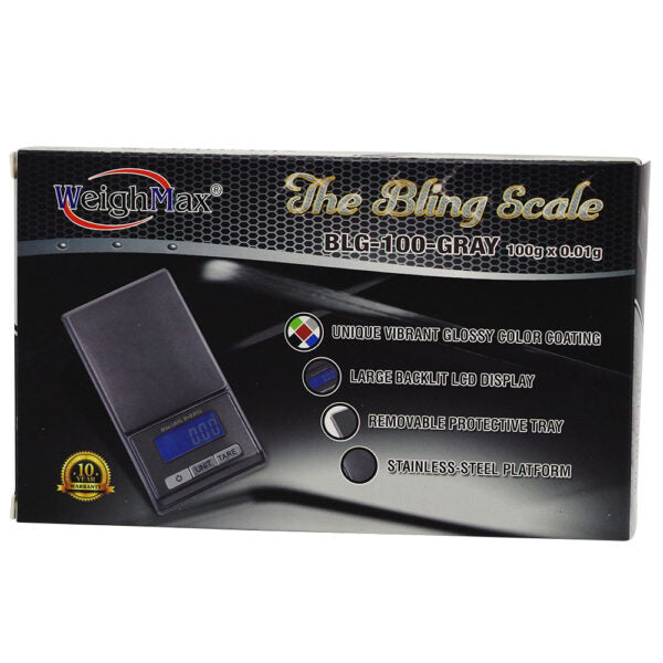 WeighMax BLC-100 Gray digital scale packaging box, featuring a black design with gold lettering and an illustration of the gray rectangular scale with a blue display screen.