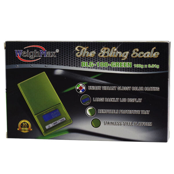 WeighMax BLC-100 Green scale retail packaging box, featuring a green digital scale graphic on a black background with product feature callouts.