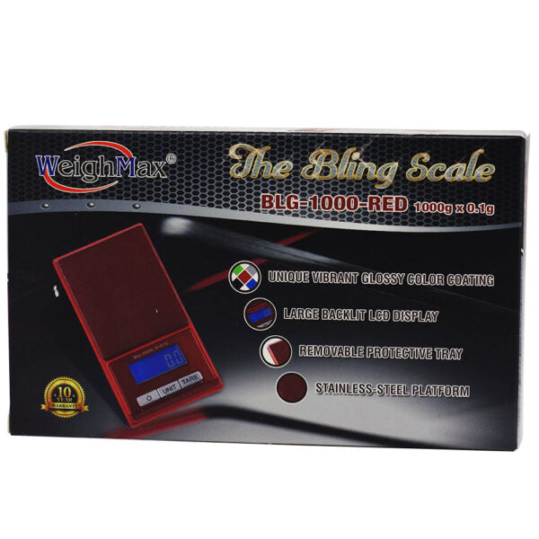 WeighMax BLG-1000-RED 'The Bling Scale' retail packaging box, featuring a red digital scale graphic and product features on a black background.