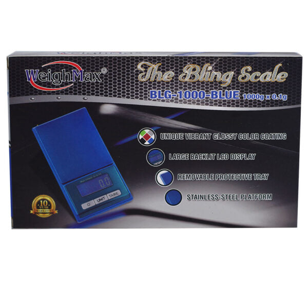 WeighMax BLG-1000 Blue digital scale retail packaging box, featuring a blue electronic scale graphic and product feature callouts on a black and dark gray background.