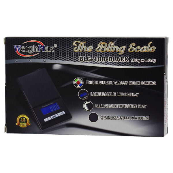 WeighMax BLG-100 Black digital scale retail packaging box, featuring a black design with gold lettering and an illustration of the scale on a white background.