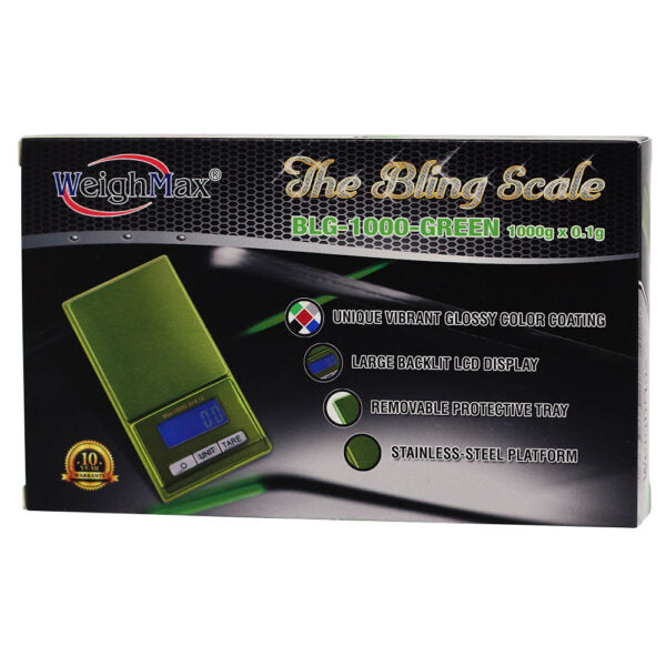 WeighMax The Bling Scale BLC-1000-GREEN product box, showing a green digital scale graphic on a black background with product feature callouts.