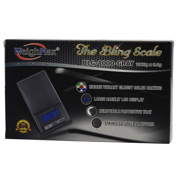 WeighMax The Bling Scale BLC-1000-Gray retail packaging box, featuring a black and gray design with a depiction of the digital scale and product feature callouts.