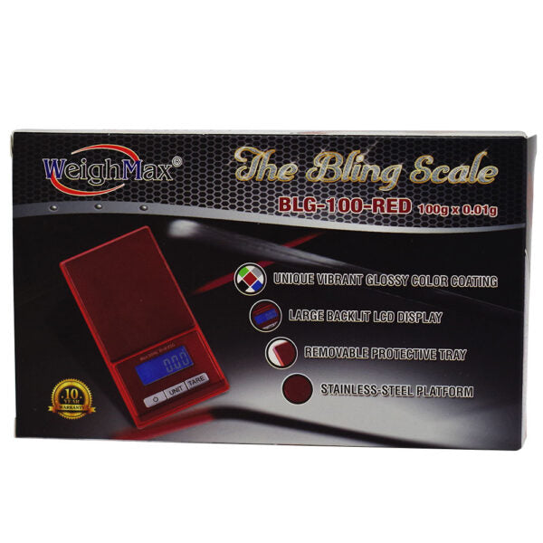 WeighMax The Bling Scale BLG-100-RED retail packaging box, featuring a red digital scale graphic on a black and dark gray background with product feature callouts.