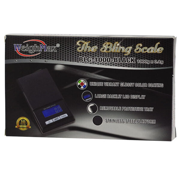 WeighMax The Bling Scale BLG-1000-Black retail packaging box, featuring a black digital scale graphic and product features on a white background.