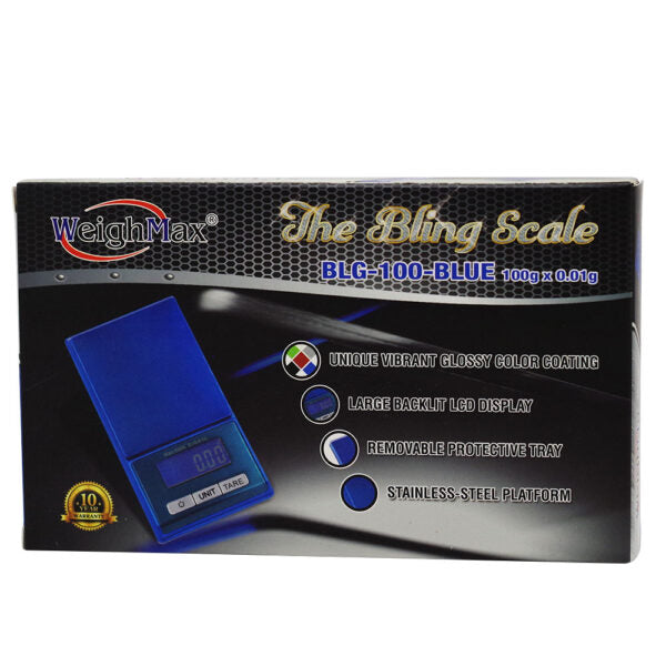 WeighMax The Bling Scale BLG-100 BLUE product packaging box, featuring a blue digital scale graphic on a black and silver honeycomb background with product feature callouts.