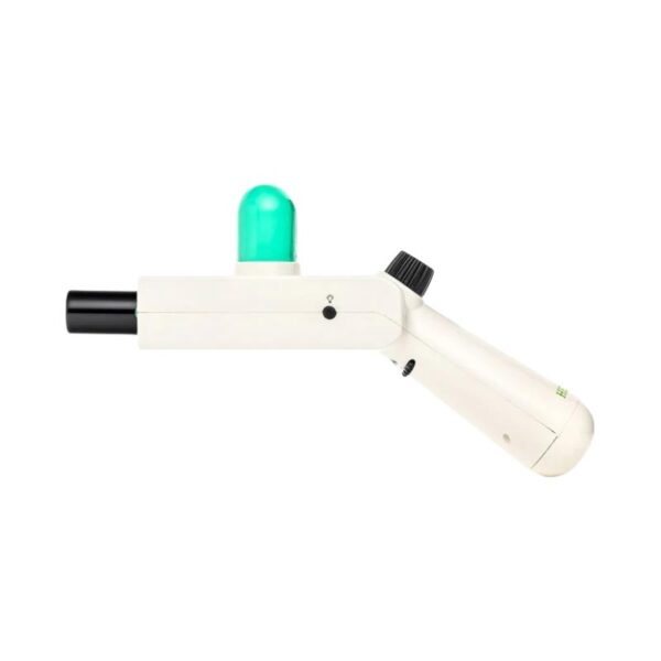 White Hemper Portal Gun refillable jet torch with a green LED dome, black nozzle, and adjustable flame dial.