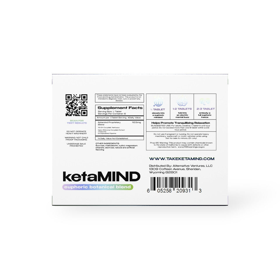 White KetaMind supplement box back panel featuring a supplement facts label, usage instructions, and a QR code.