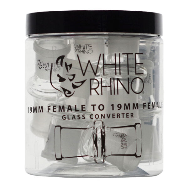 White Rhino 19mm female to 19mm female glass converter in a clear plastic jar with a black lid, shown on a white background.