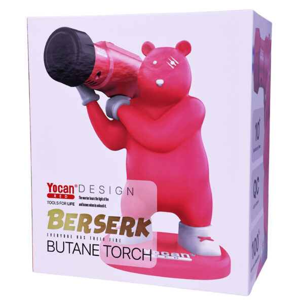 White product packaging box for a Yocan Design Berserk Butane Torch, featuring a graphic of a pink bear holding a red and black butane torch.