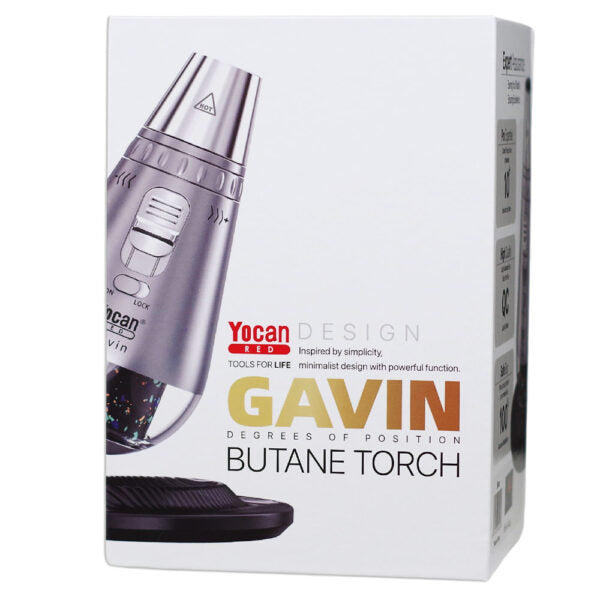 White retail box for a Yocan Gavin Butane Torch, showing a silver and black butane torch device on the front with product branding and model text.