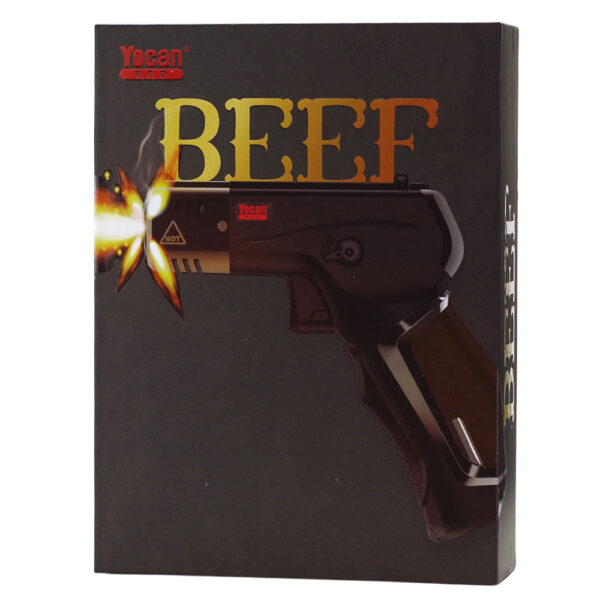 Yocan Beef branded product box featuring a black handheld flame gun with orange flames and large gold 'BEEF' text on a dark background.