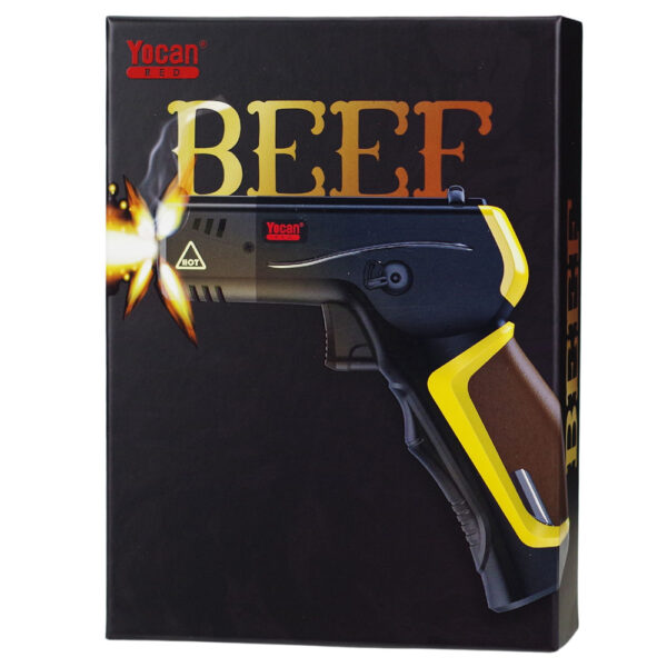 Yocan Beef novelty lighters in a black rectangular box, featuring a graphic of a black and yellow handheld lighter with a brown grip and flame effect.