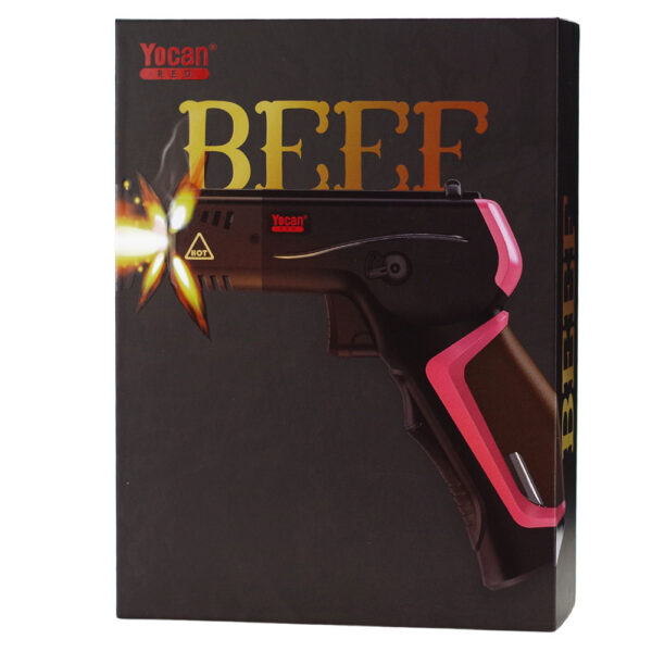 Yocan Beef novelty toy lighters in a black retail box, featuring a graphic of a black and pink toy lighter emitting flames next to the word 'BEEF' in gold.
