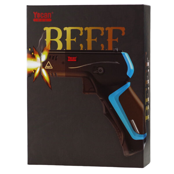 Yocan Beef toy blaster in its retail packaging, featuring a black box with a graphic of the toy firing a flame effect.