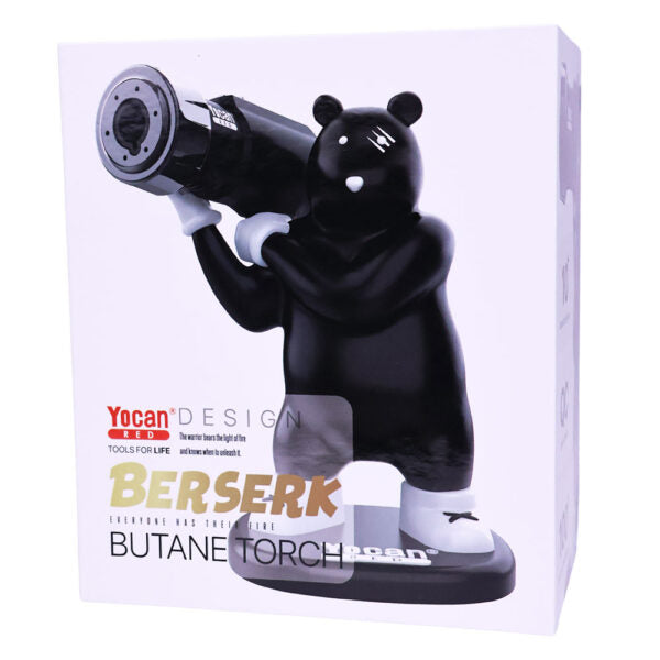 Yocan Berserk Butane Torch in its retail packaging, featuring a black bear figurine holding a telescope on a white box.